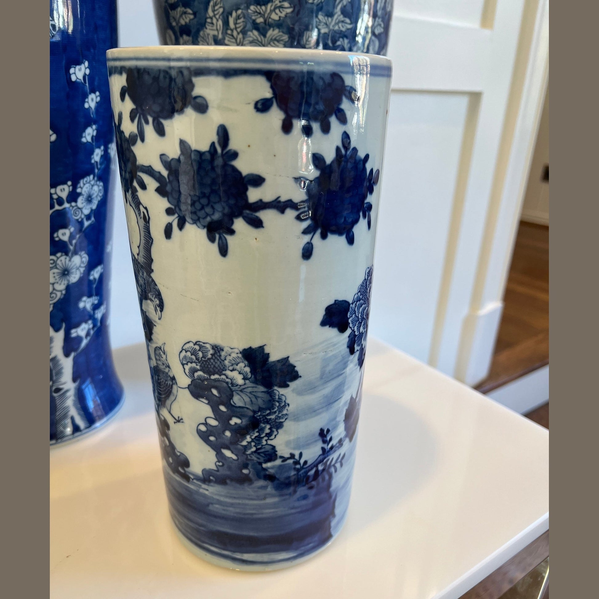 Blue and White Peony and Bird Hat Stand Vase