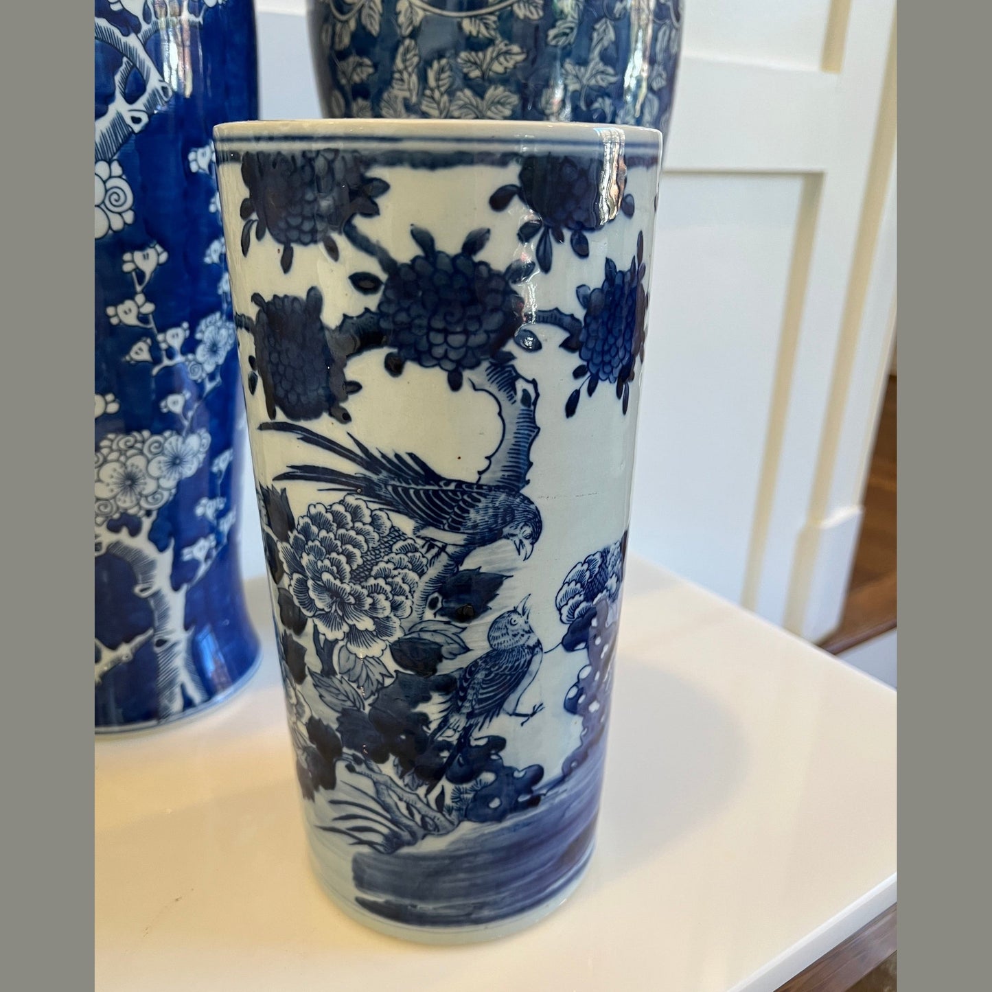 Blue and White Peony and Bird Hat Stand Vase