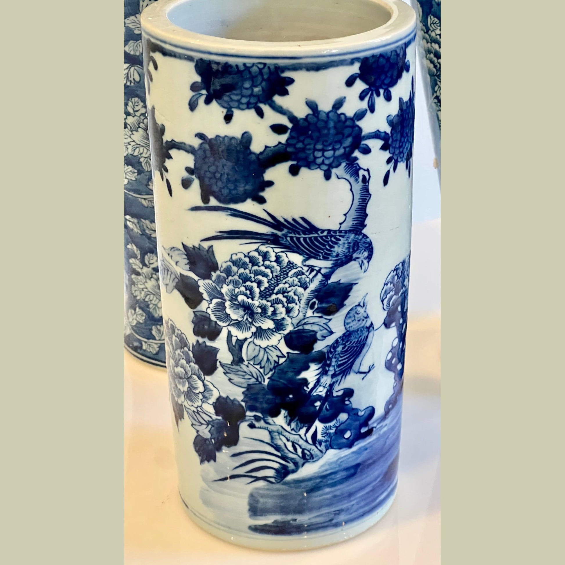 Blue and White Peony and Bird Hat Stand Vase