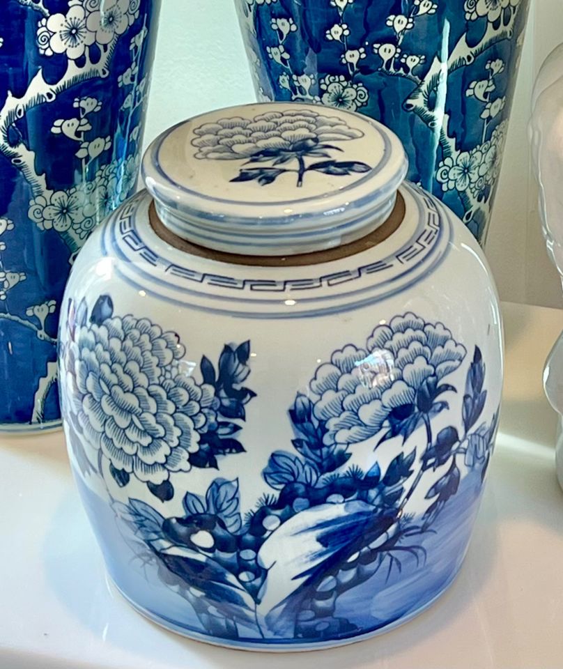 Blue & White Porcelain Lidded Ginger Jar Urn – Hand-Painted