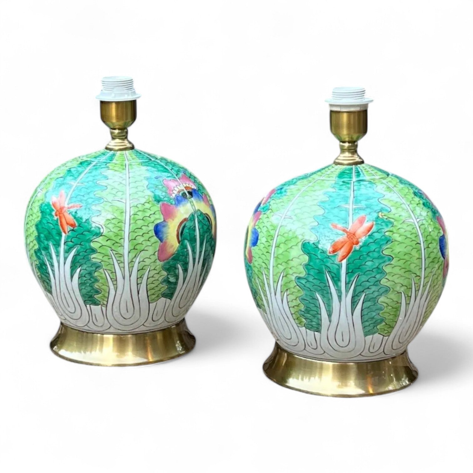 Pair of Hand Painted Famille Verte Globe Lamps – Bok Choy