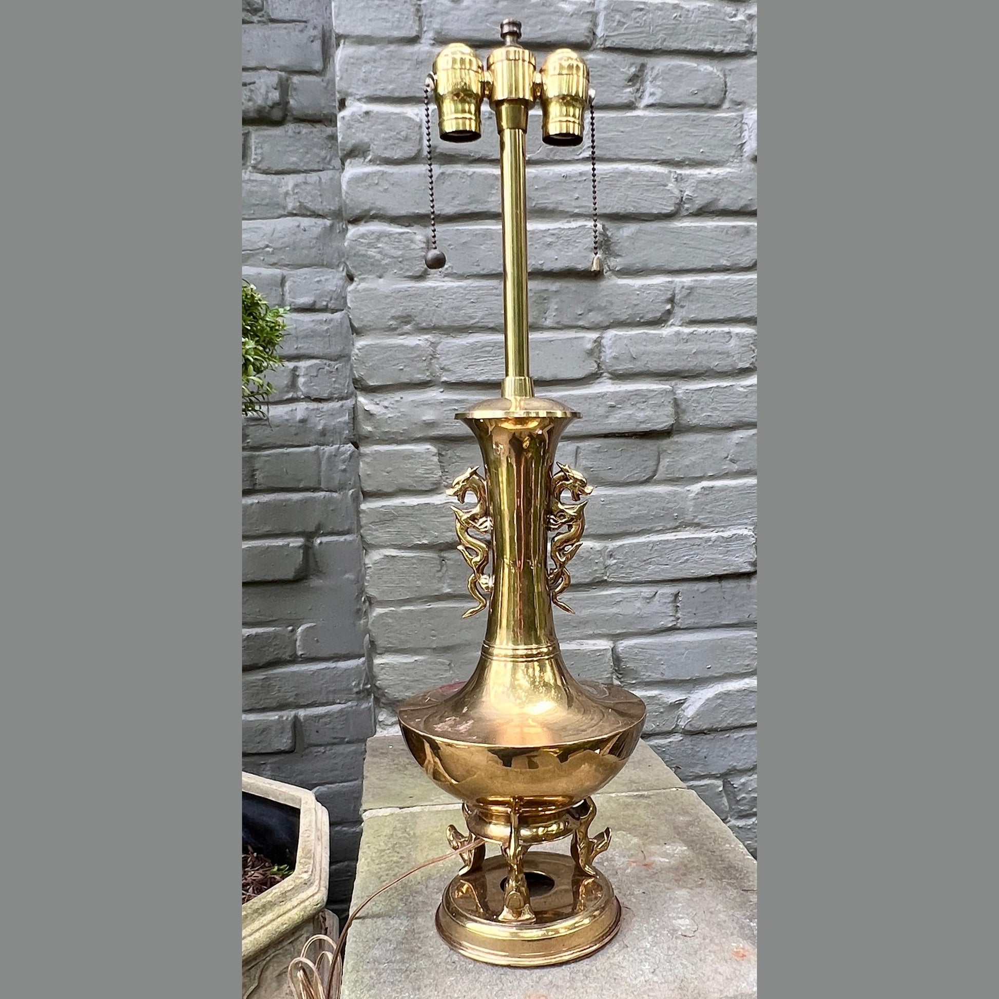 Brass Double Dragon Handle Brass Table Lamp Vintage - Table