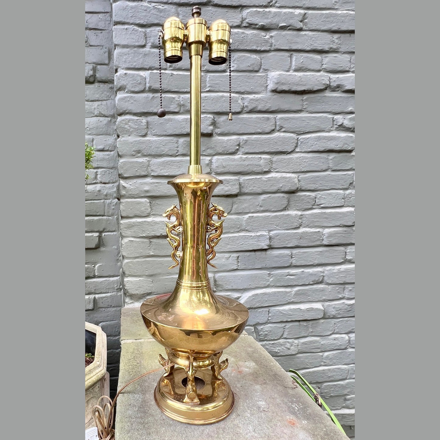 Brass Double Dragon Handle Brass Table Lamp Vintage - Table