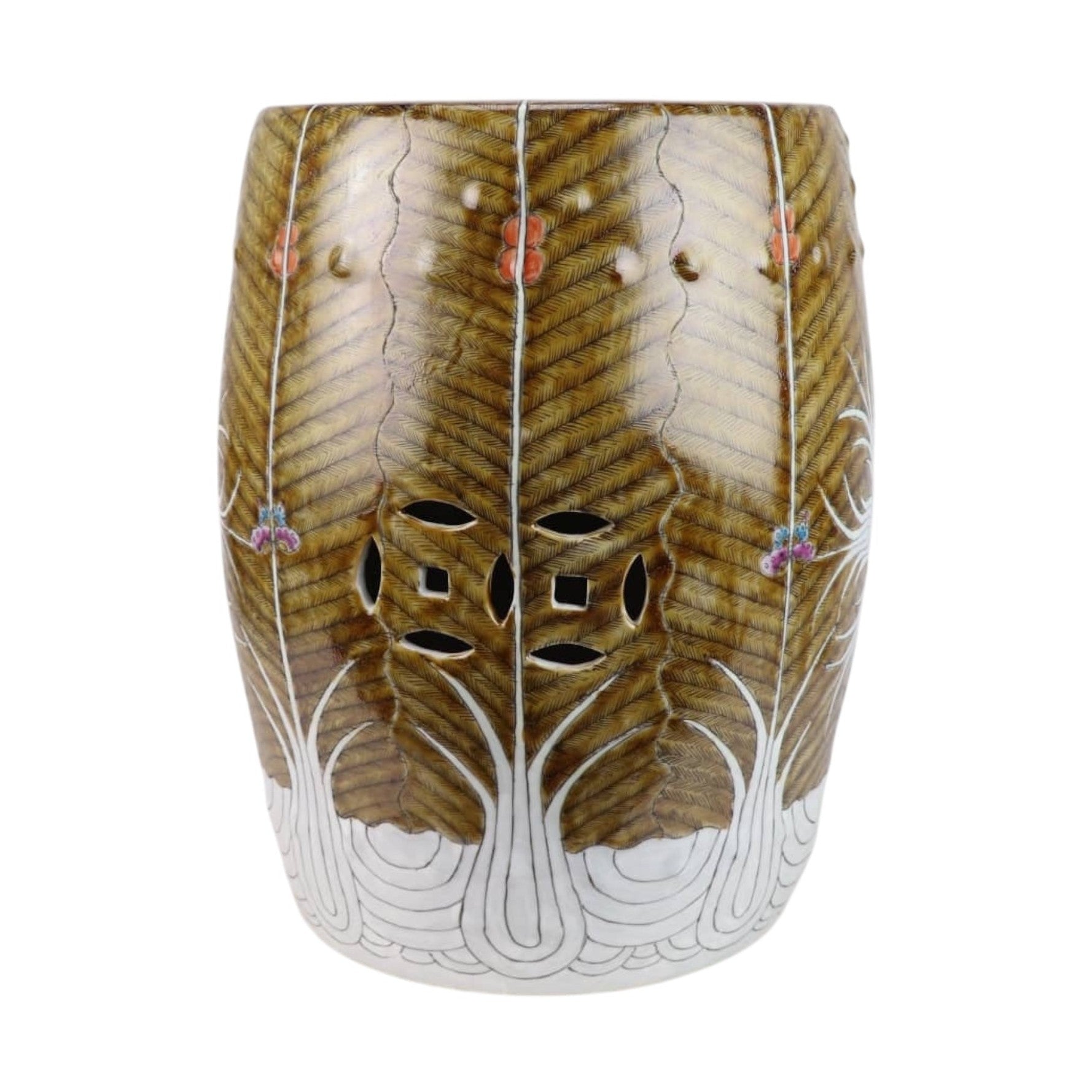 Pair of Brown Hand-Painted Bok Choy Porcelain Garden Stools