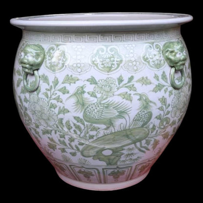 Chinese Hand Painted Planter Pot - Green Floral Motif