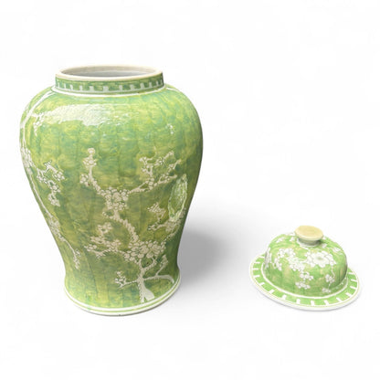 Green and White Chrysanthemum Porcelain Jar – Hand-Painted
