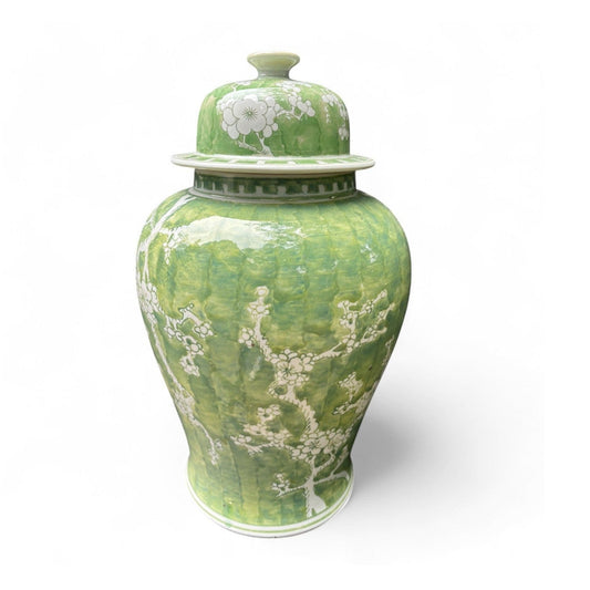 Green and White Chrysanthemum Porcelain Jar – Hand-Painted