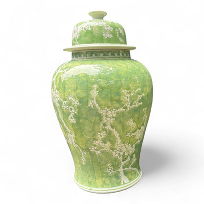 Green and White Chrysanthemum Porcelain Jar – Hand-Painted