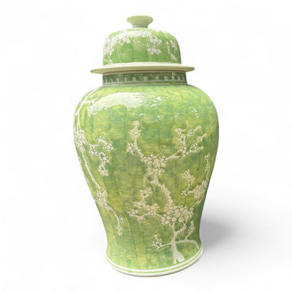 Green and White Chrysanthemum Porcelain Jar – Hand-Painted