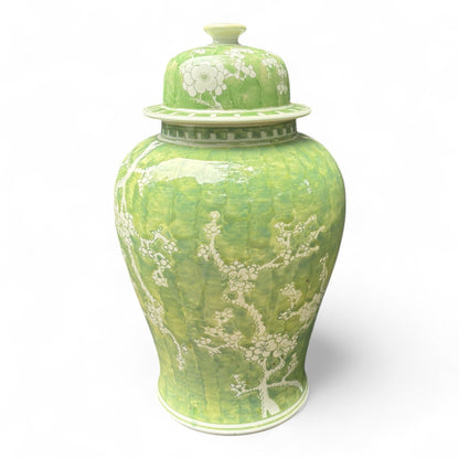 Green and White Chrysanthemum Porcelain Jar – Hand-Painted