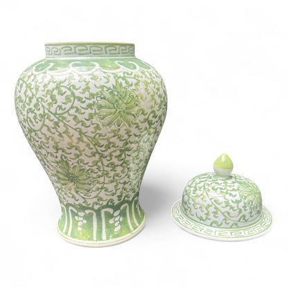 Green and White Lidded Porcelain Jar – Hand-Painted