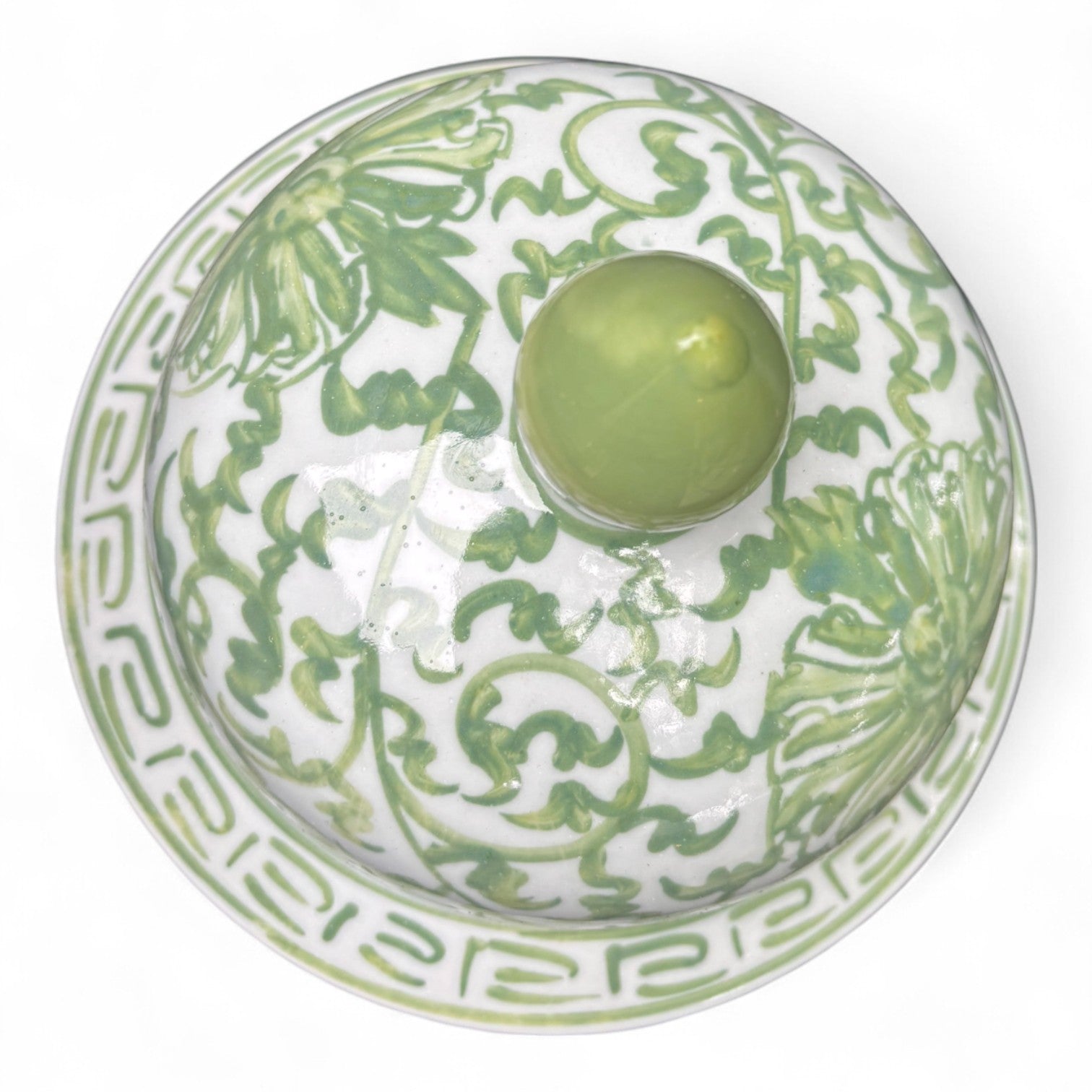 Green and White Lidded Porcelain Jar – Hand-Painted