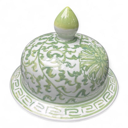Green and White Lidded Porcelain Jar – Hand-Painted