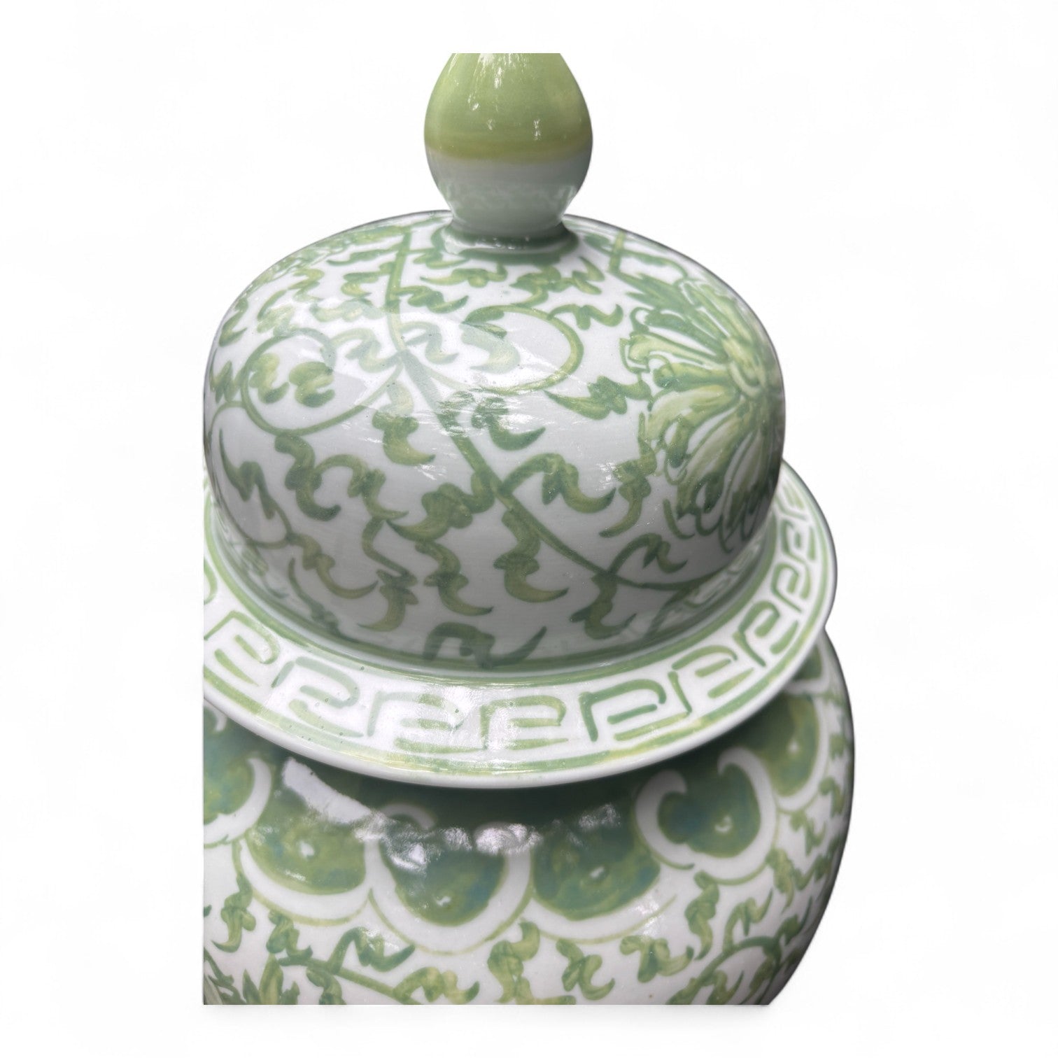 Green and White Lidded Porcelain Jar – Hand-Painted