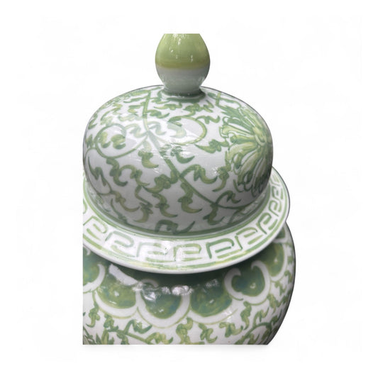 Green and White Lidded Porcelain Jar – Hand-Painted