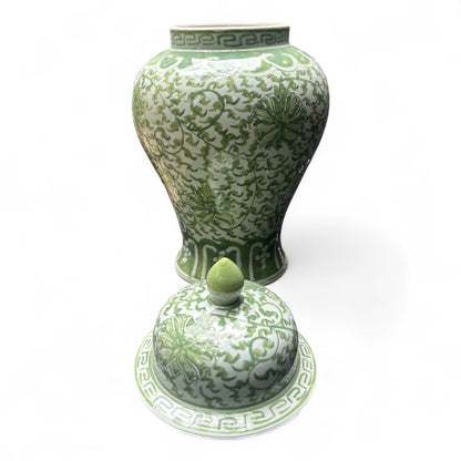 Green and White Lidded Porcelain Jar – Hand-Painted