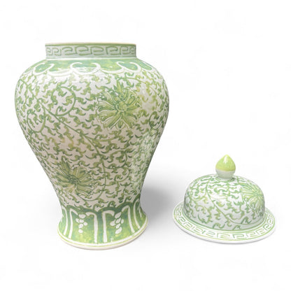 Green and White Lidded Porcelain Jar – Hand-Painted