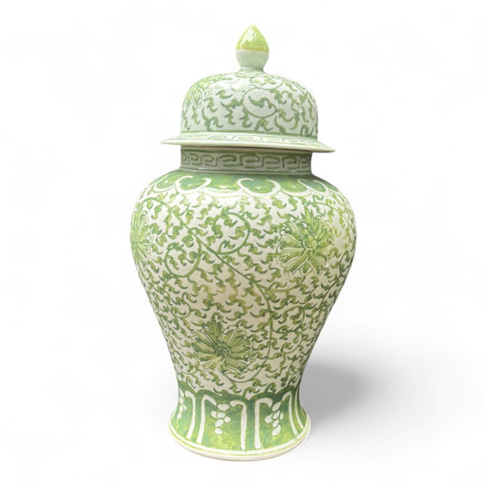Green and White Lidded Porcelain Jar – Hand-Painted