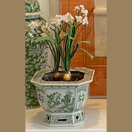 Green and White Chinoiserie Square Planter Cache Pot