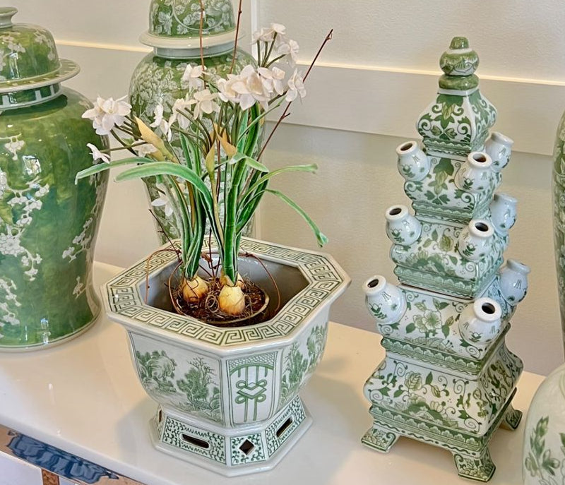 Green & White Porcelain Two-Tier Tulipiere Vase –