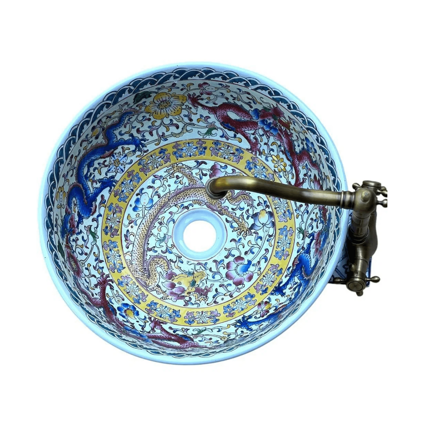 Hand painted porcelain sink with dragon and scroll motif. 