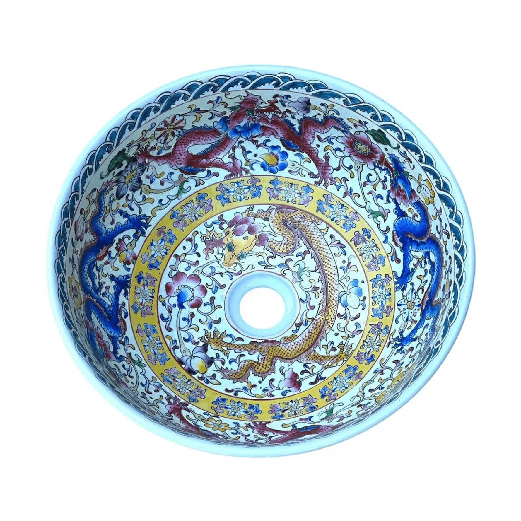 Hand-Painted Dragon Motif Porcelain Sink Basin