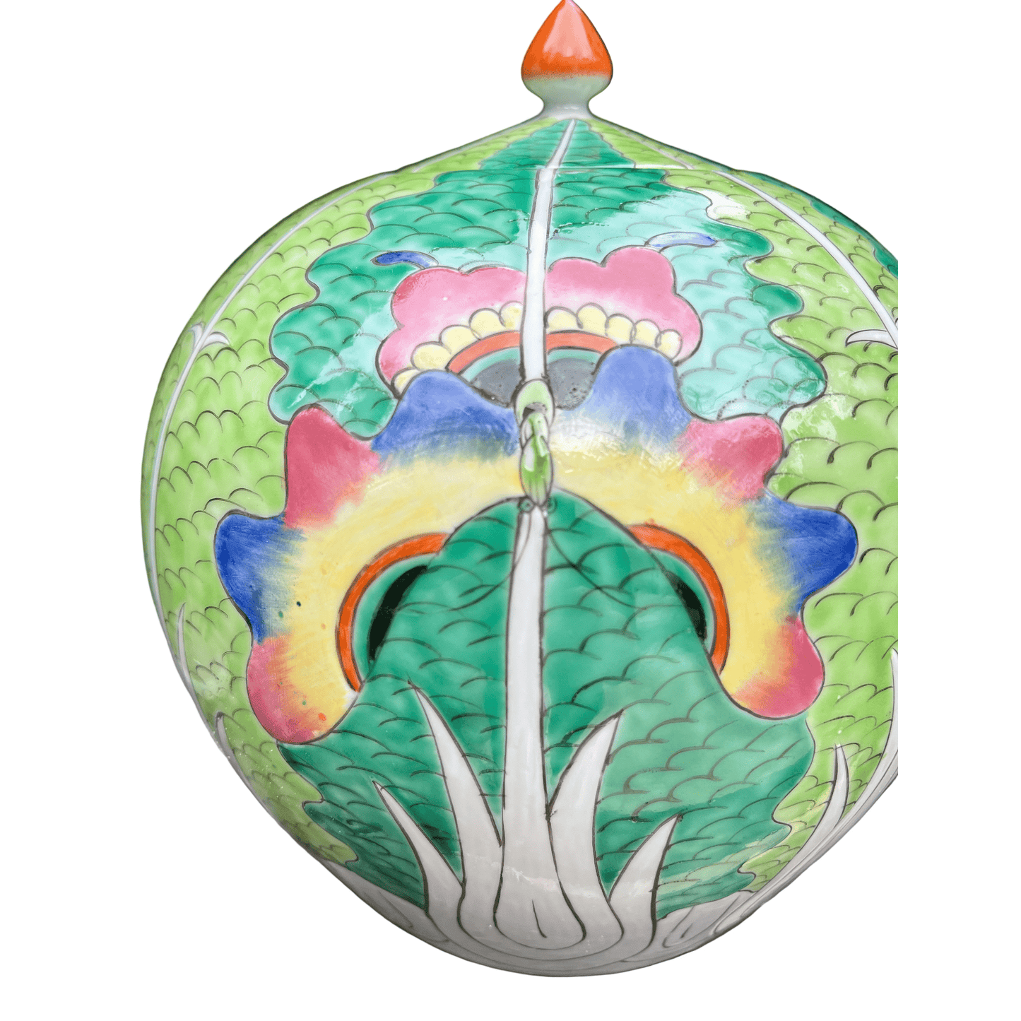 Decorative ceramic pot with colorful dragon design on a metal surface.