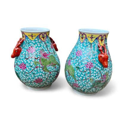 Pair of Hand Painted Qilin Vases – Turquoise Porcelain