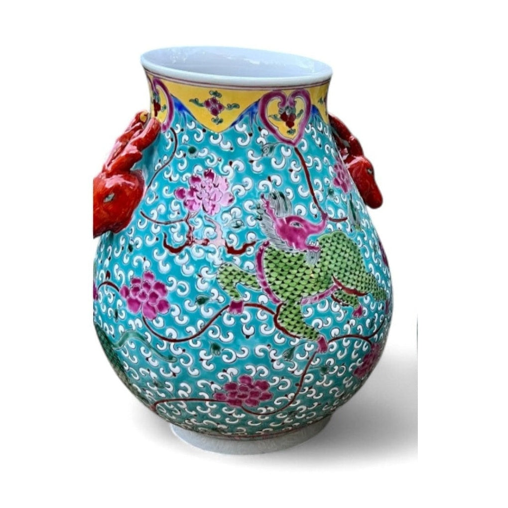 Pair of Hand Painted Qilin Vases – Turquoise Porcelain