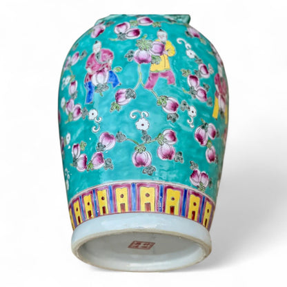 Hand Painted Turquoise Porcelain Vase with Peaches Motif –