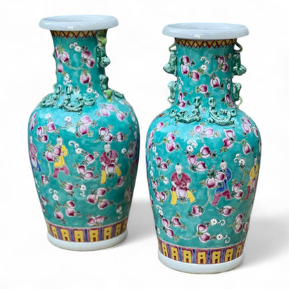 Hand Painted Turquoise Porcelain Vase with Peaches Motif –