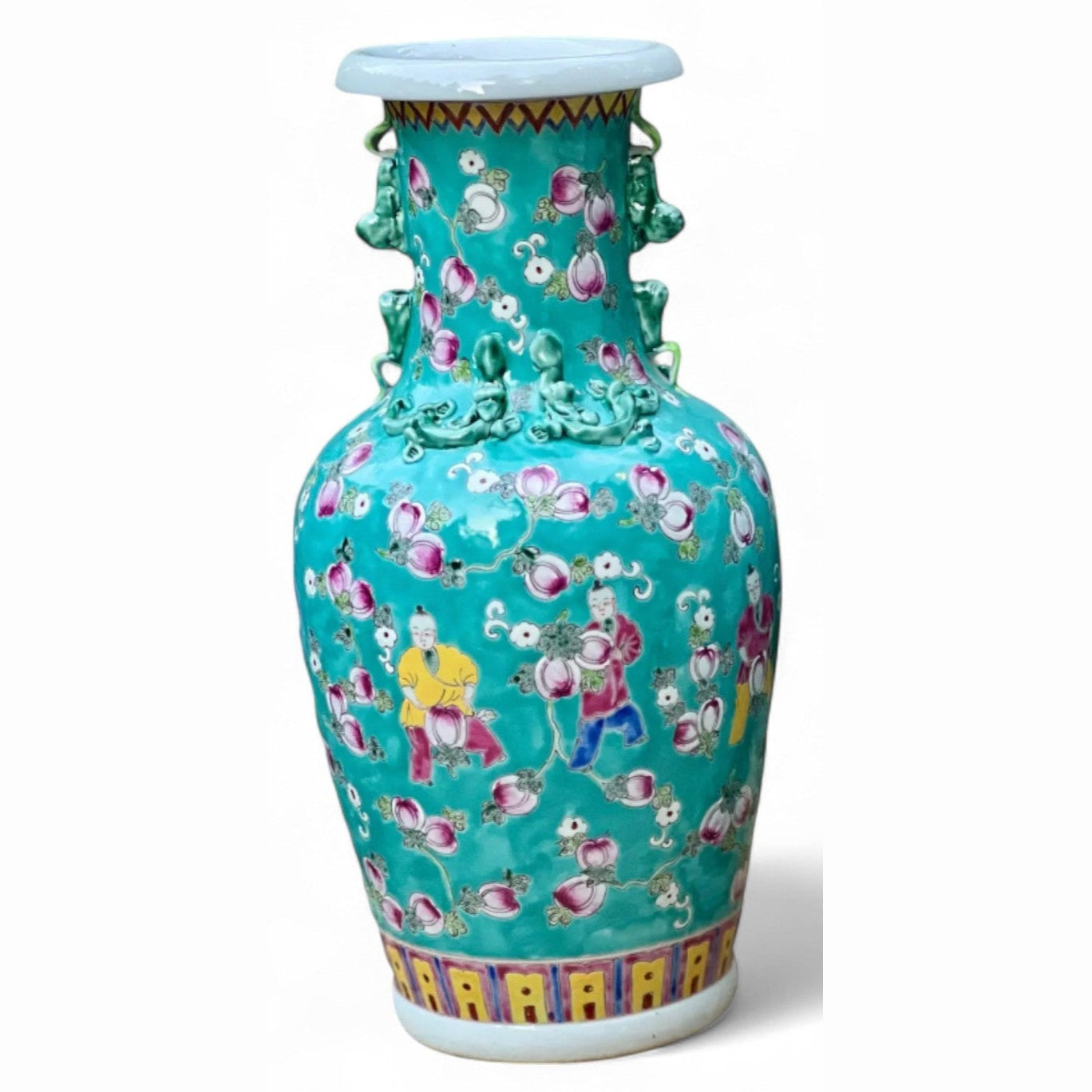 Hand Painted Turquoise Porcelain Vase with Peaches Motif –