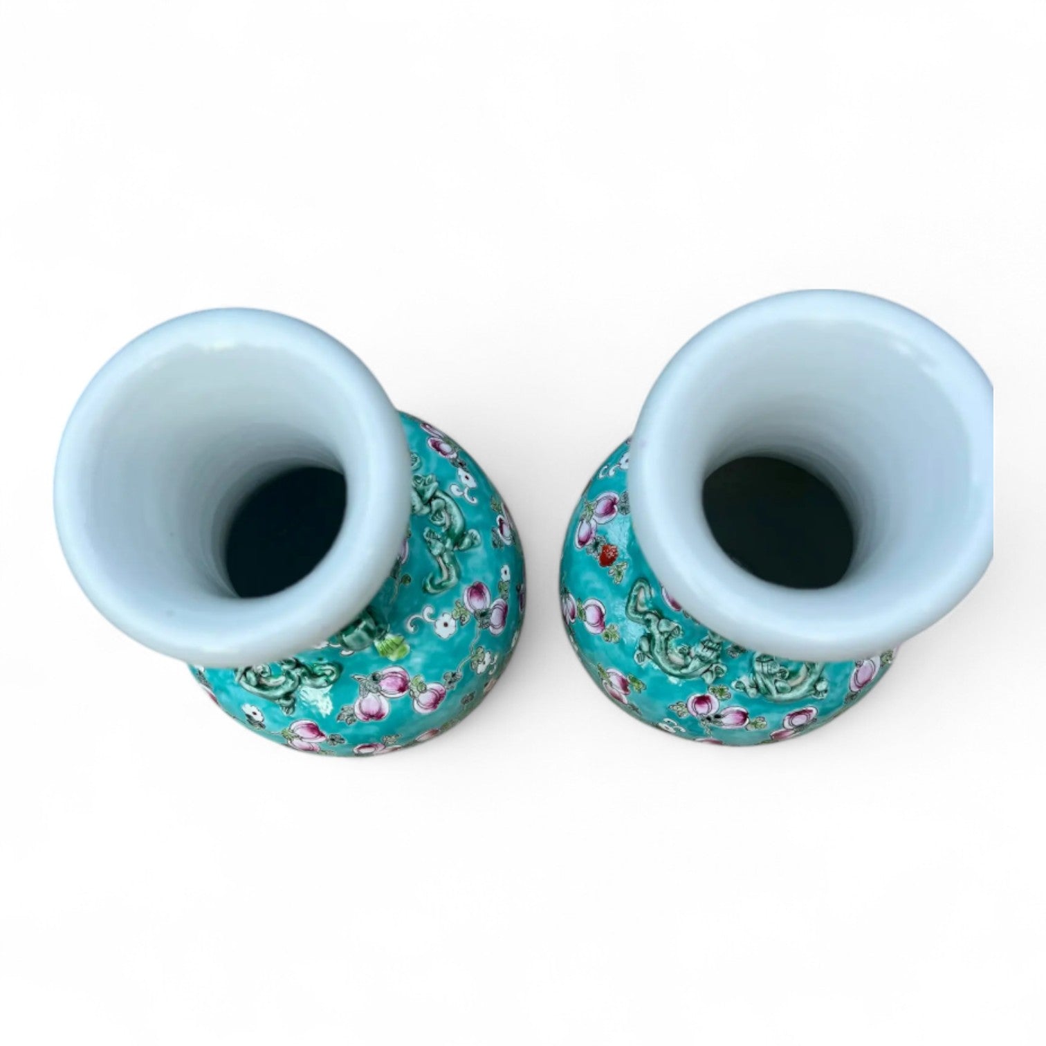 Hand Painted Turquoise Porcelain Vase with Peaches Motif –