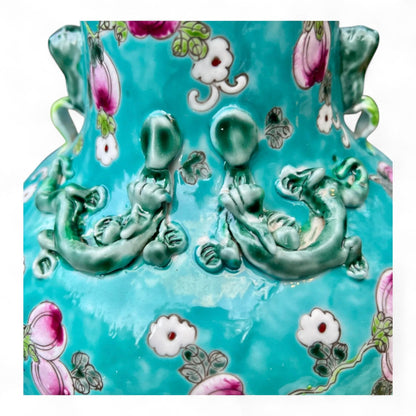 Hand Painted Turquoise Porcelain Vase with Peaches Motif –