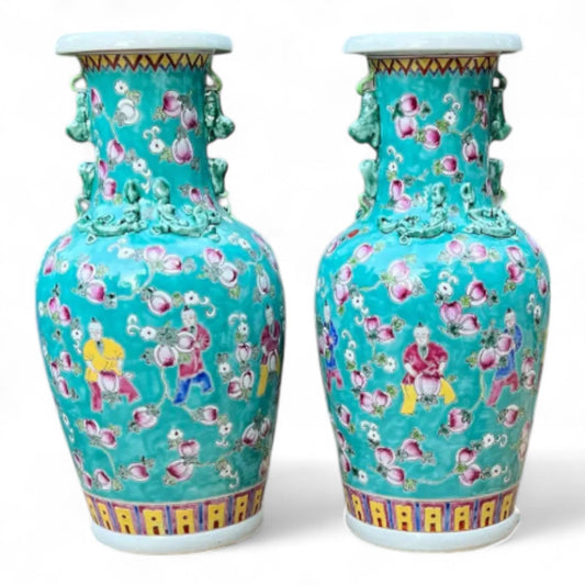 Hand Painted Turquoise Porcelain Vase with Peaches Motif –