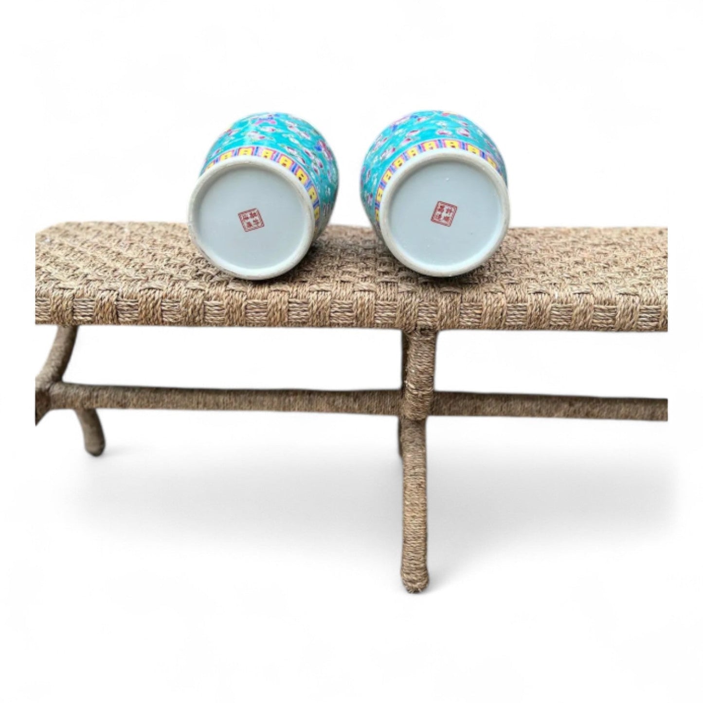 Hand Painted Turquoise Porcelain Vase with Peaches Motif –