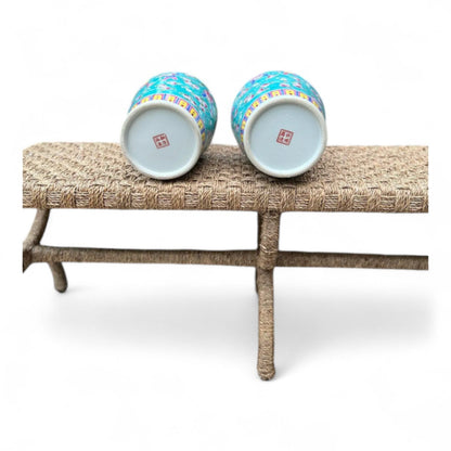 Hand Painted Turquoise Porcelain Vase with Peaches Motif –