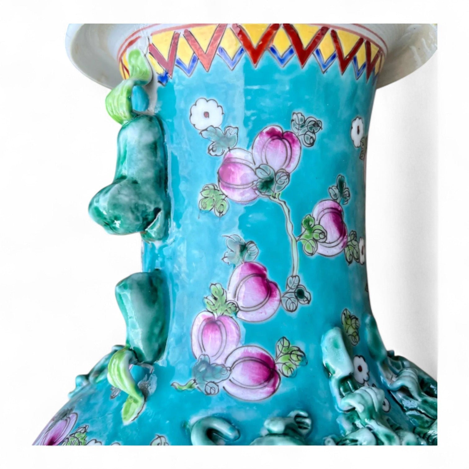 Hand Painted Turquoise Porcelain Vase with Peaches Motif –