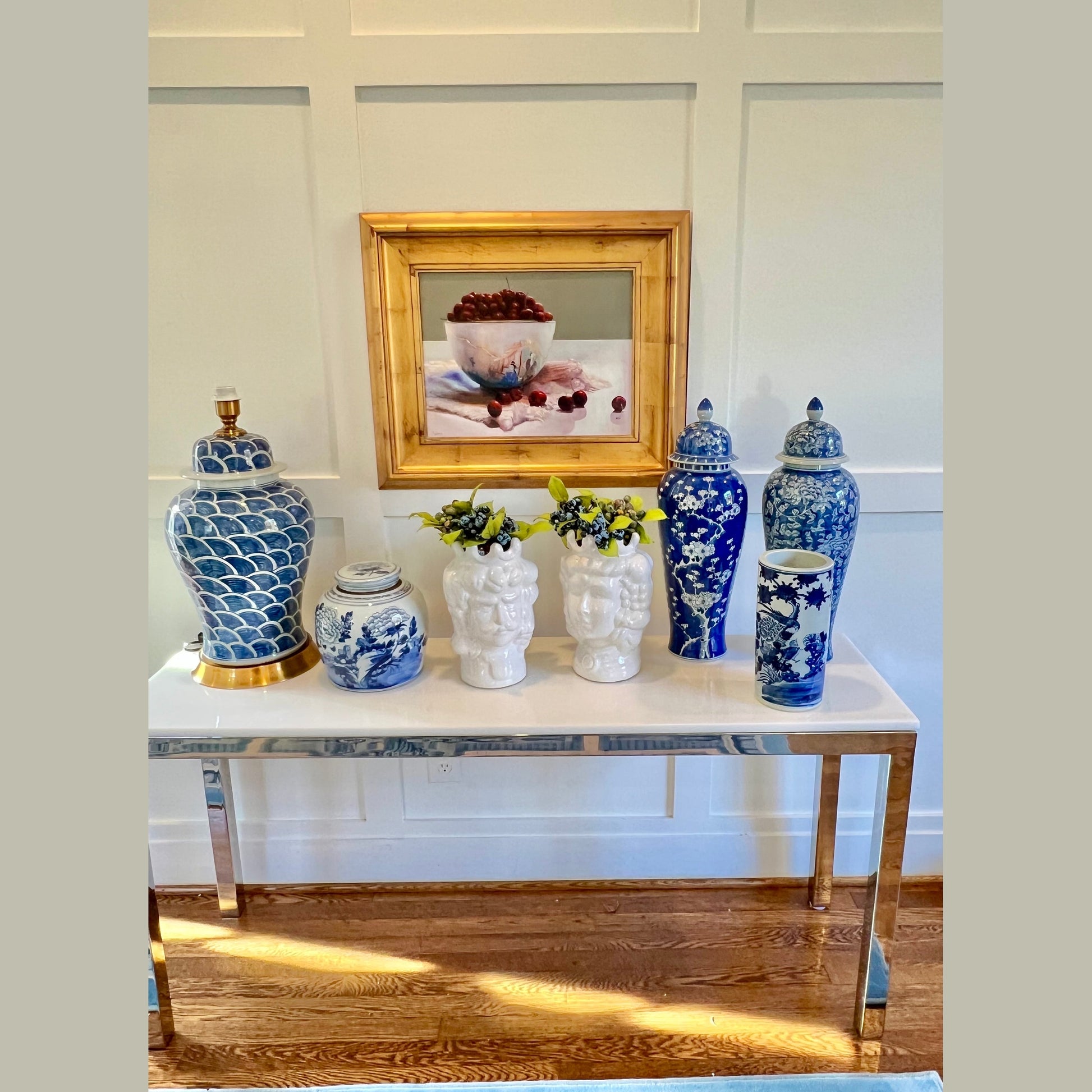 Large Blue and White Hand Painted Wave Table Lamp