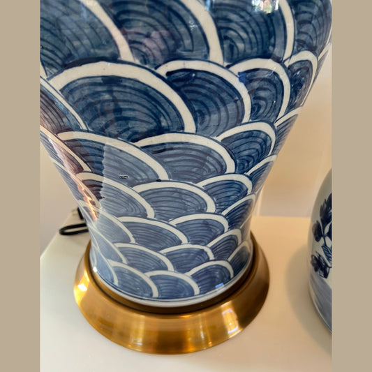Large Blue and White Hand Painted Wave Table Lamp