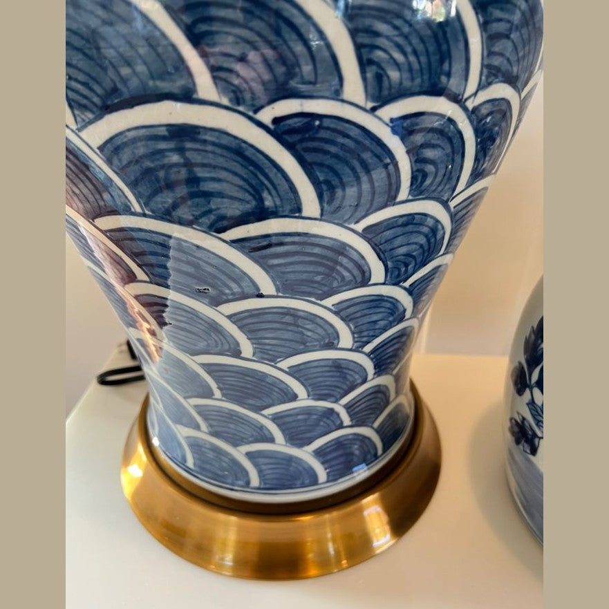 Large Blue & White Porcelain Lamp with Brass Base –