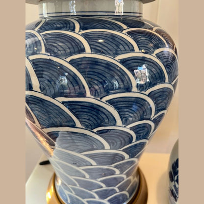 Large Blue & White Porcelain Lamp with Brass Base –