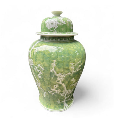Green and White Chrysanthemum Porcelain Jar – Hand-Painted