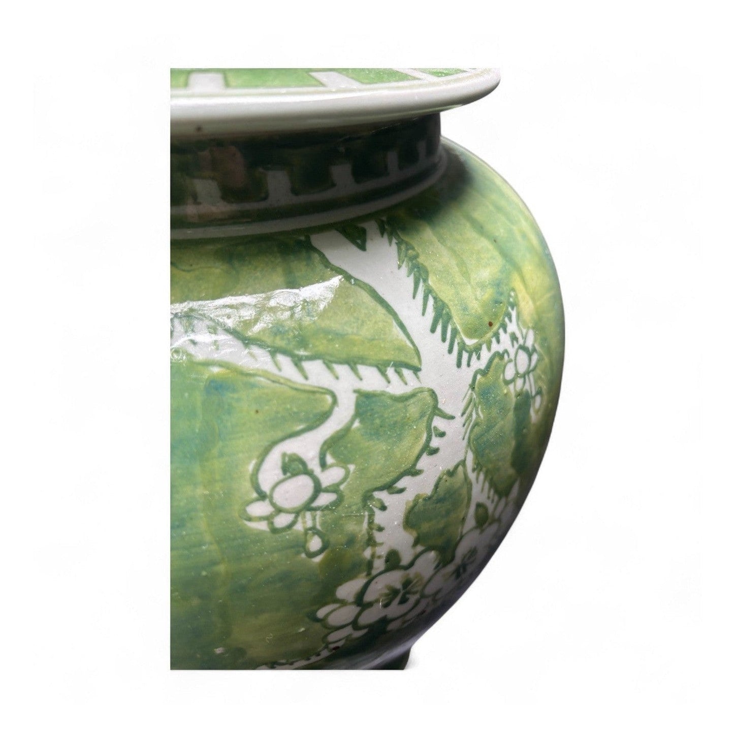 Green and White Chrysanthemum Porcelain Jar – Hand-Painted