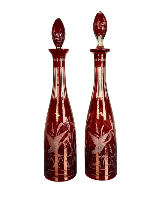 Pair of 1960s Egermann Glass Decanters – Swan Etching