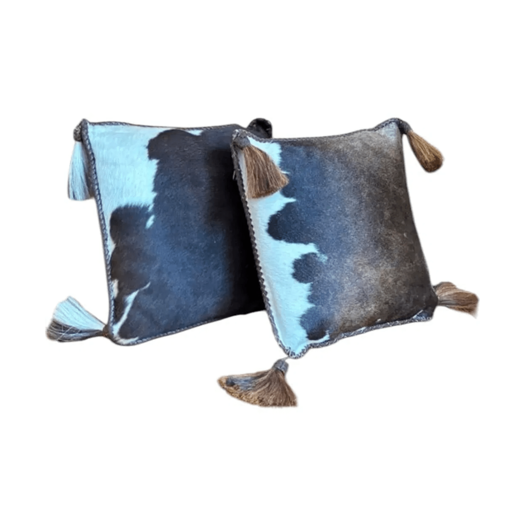 Pair of Cowhide and Leather Throw Pillows with Tassels