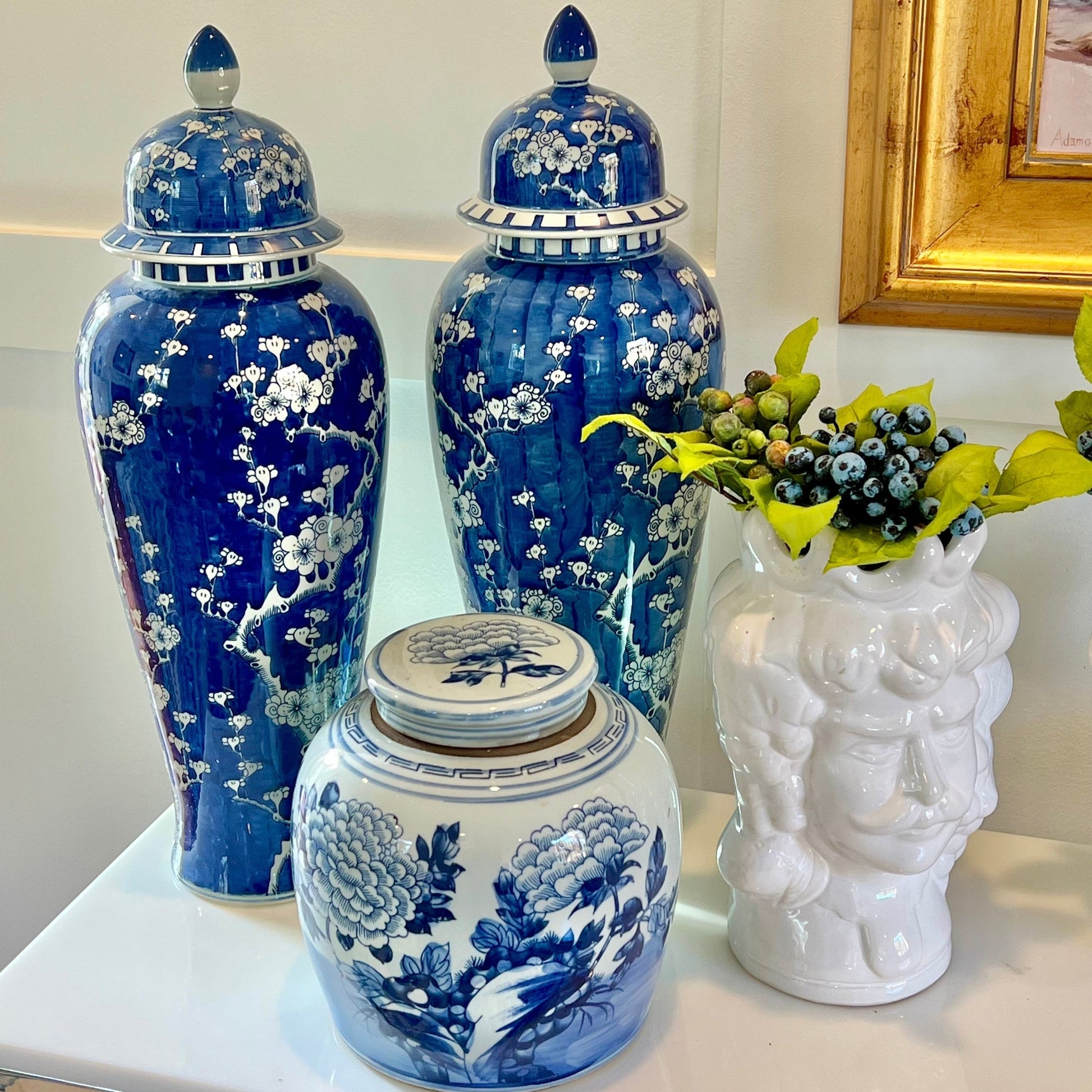 Tall Blue and White Cherry Blossom Chinoiserie Porcelain