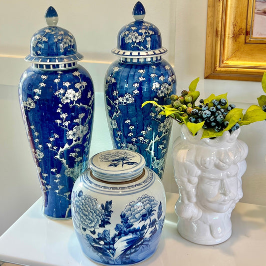 Tall Blue and White Cherry Blossom Chinoiserie Porcelain