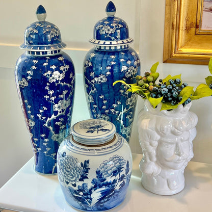 Tall Blue and White Cherry Blossom Chinoiserie Porcelain
