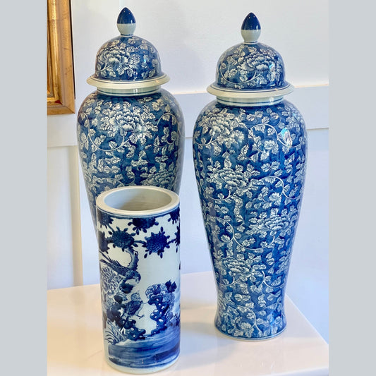 Tall Blue and White Floral Chinoiserie Porcelain